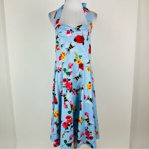 Anni Coco Floral Bee Print Rockabilly Retro Pinup Halter Flare Dress Size XL